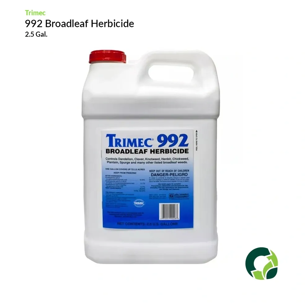 Container of 992 Broadleaf Herbicide for weed control.
