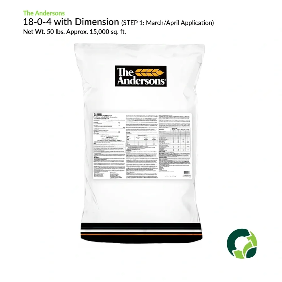 A white packaging bag labeled "18-0-4 with Dimension" fertilizer with nutritional information.