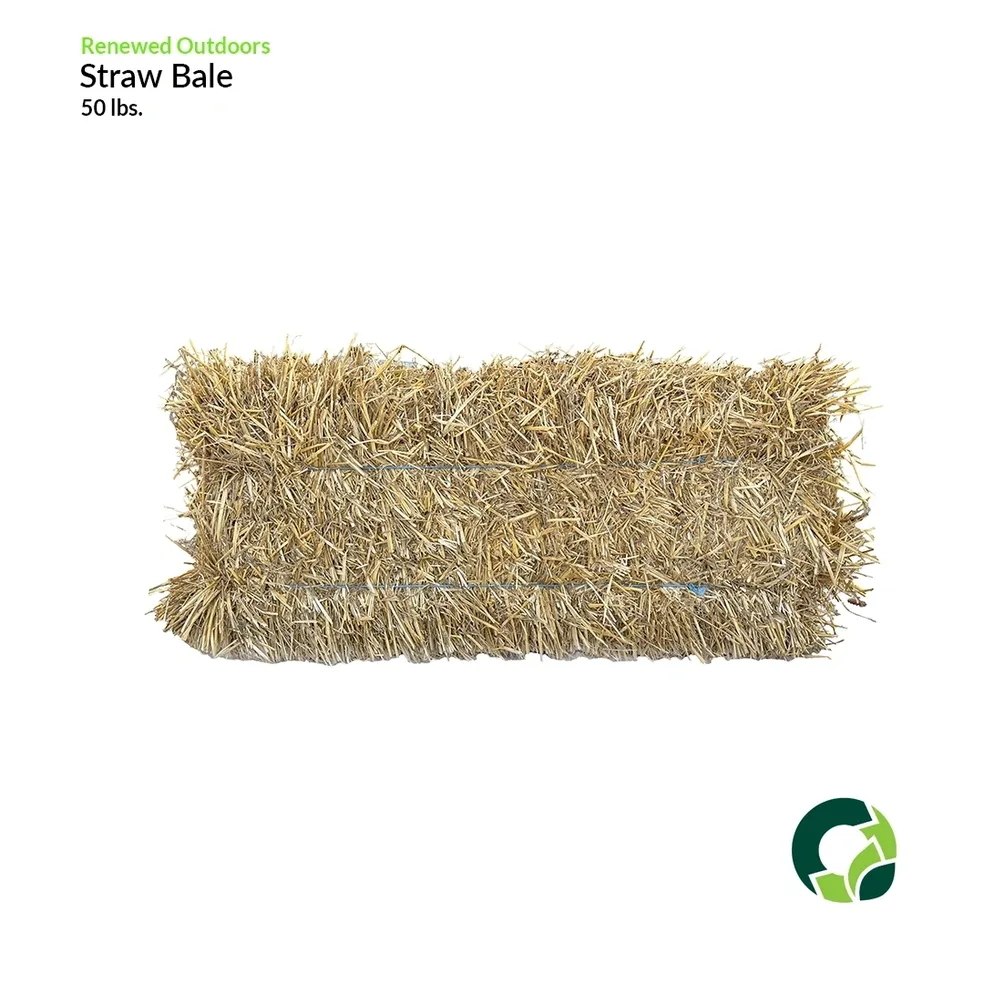 A rectangular bale of straw with a white background.