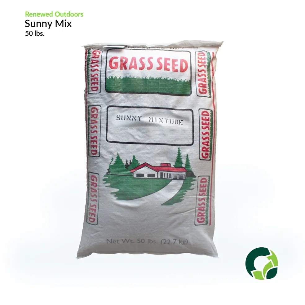 A large bag of grass seed for lawn planting.
