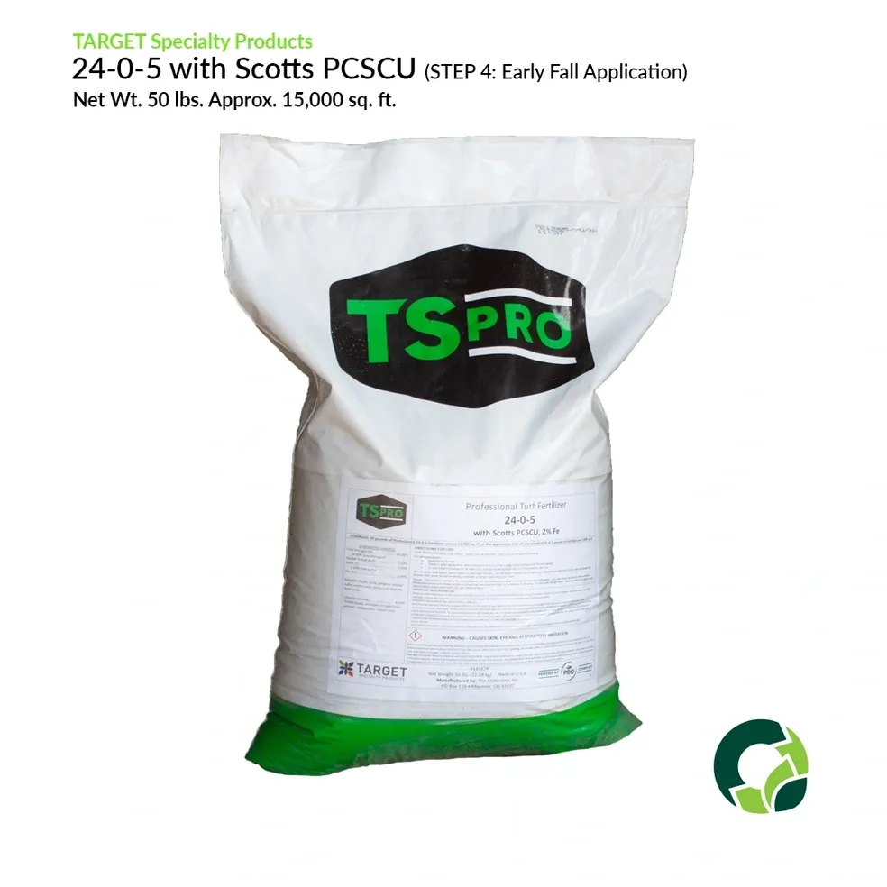 Bag of 24-0-5 Scotts PCSCSU fertilizer for turf and soil.