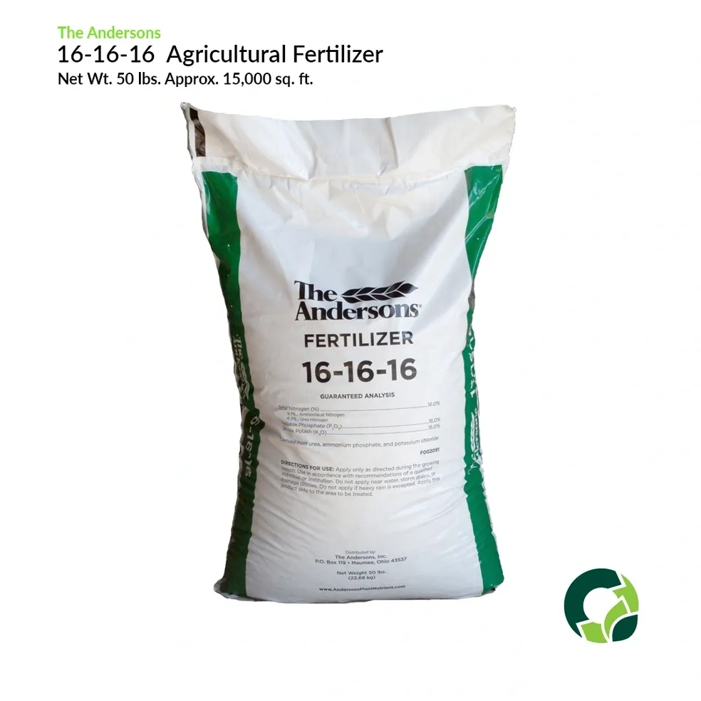 Bag of 16-16-16 agricultural fertilizer with balanced nutrients.