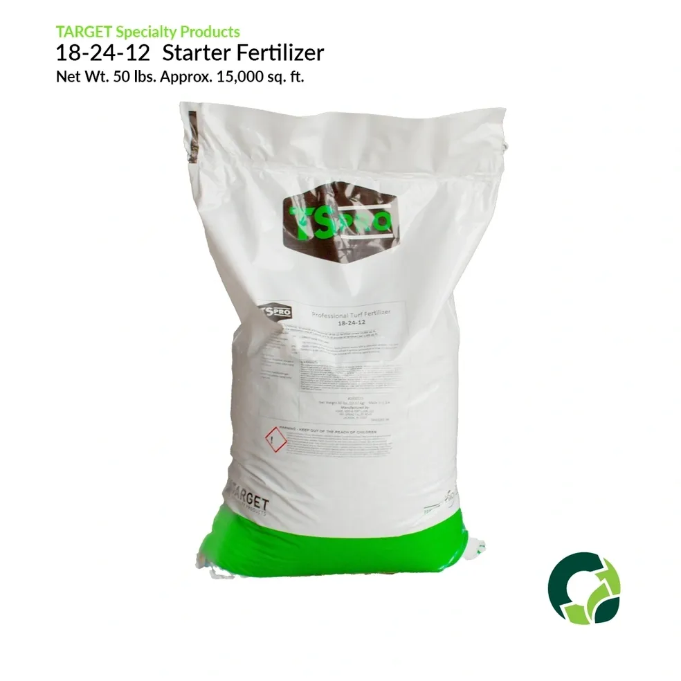 A bag of 18-24-12 starter fertilizer with green and white packaging.