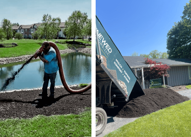 Person vacuuming dirt near a pond in a park on a sunny day.
