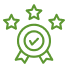 Green badge with a magnifying glass and stars.