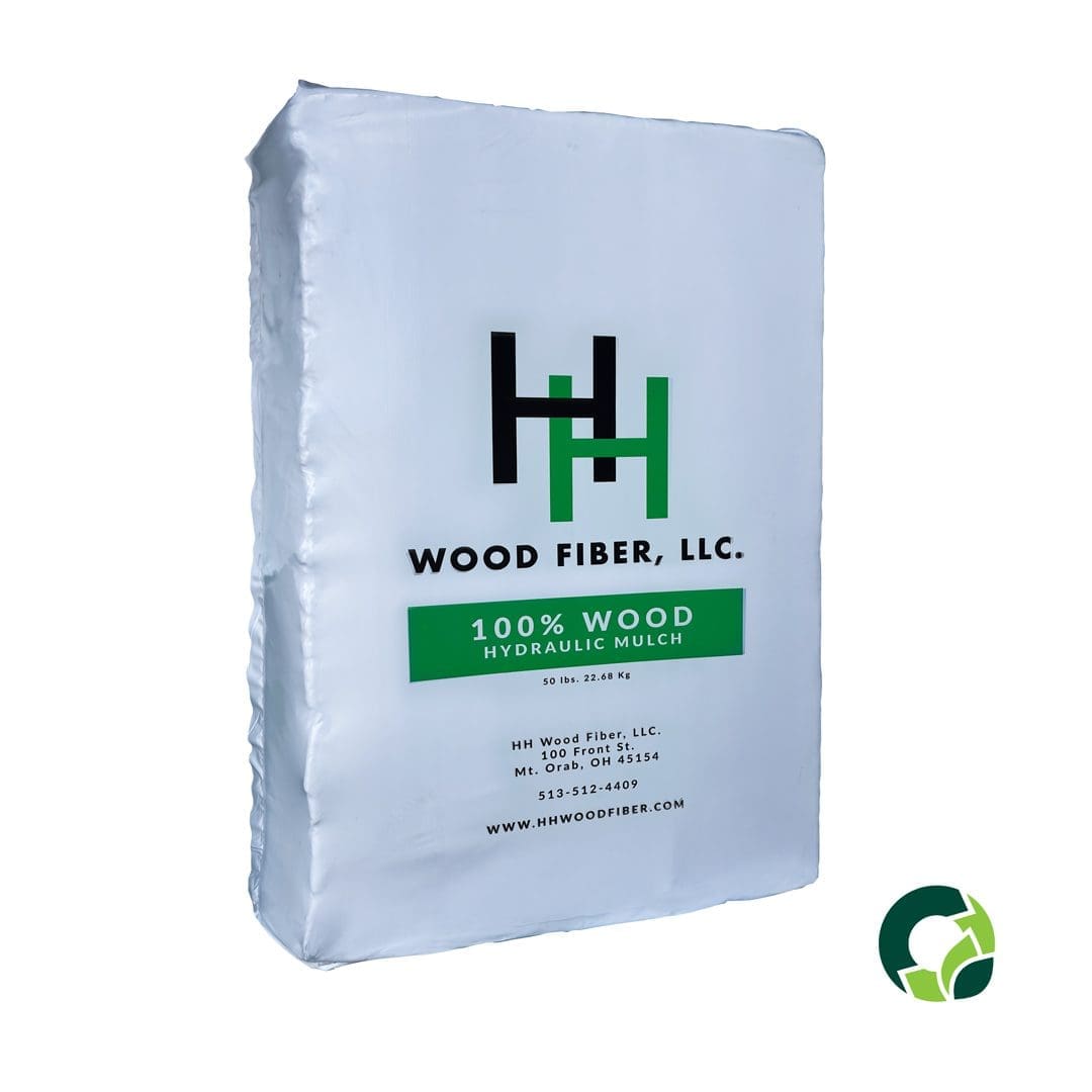 Wood fiber mulch packaging with green logo.