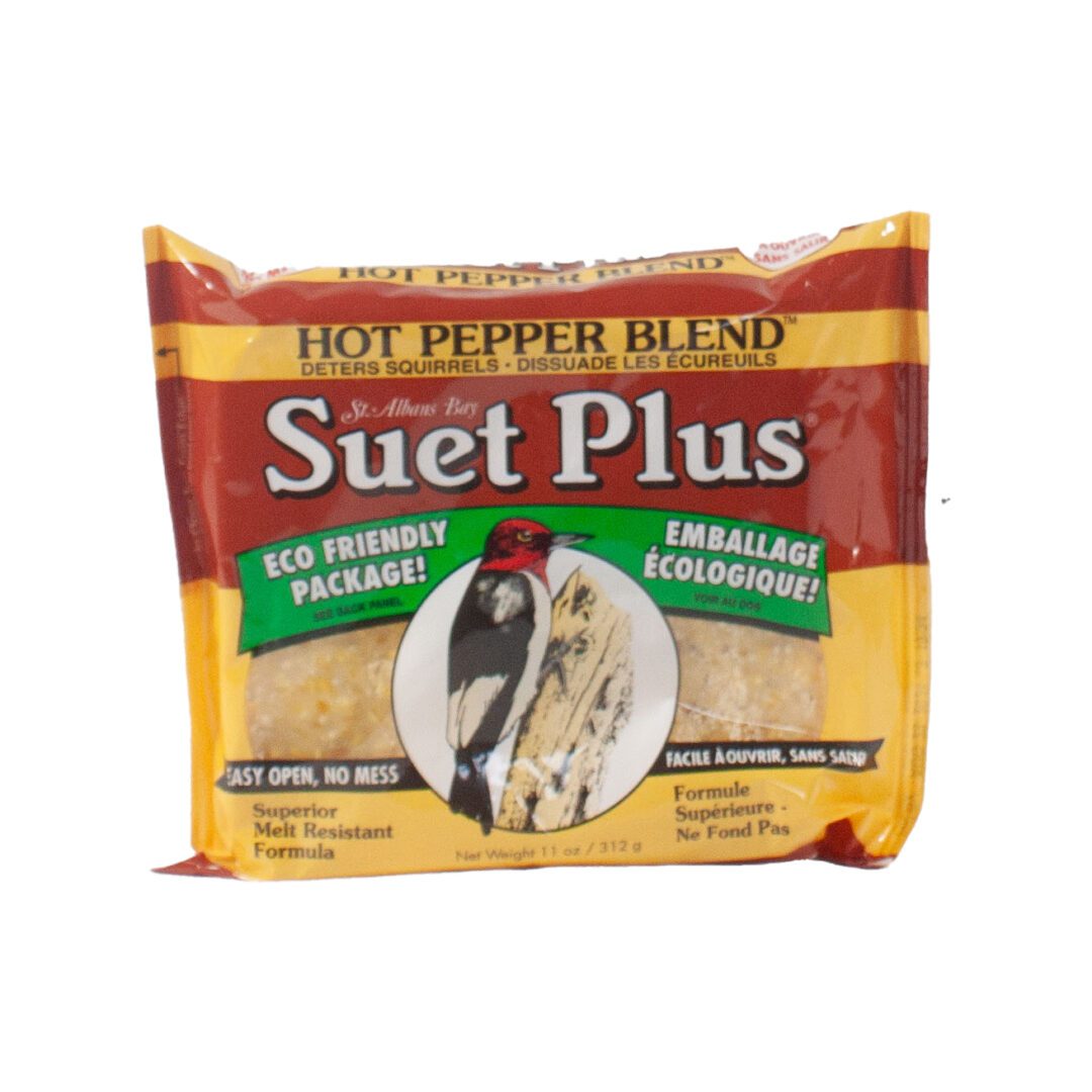 Suet Plus bird feed package with eco-friendly label.