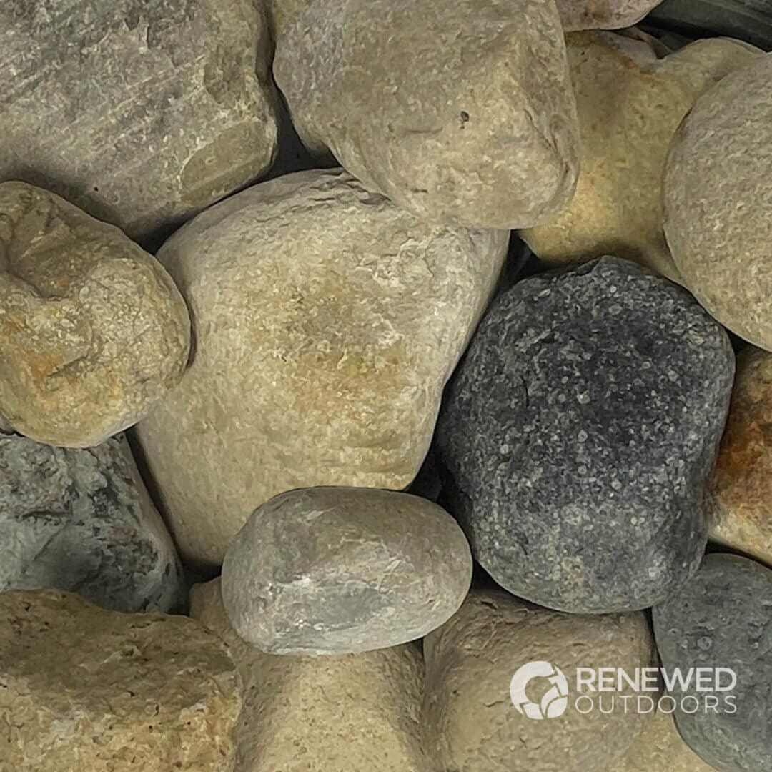 Assorted river stones in various sizes.