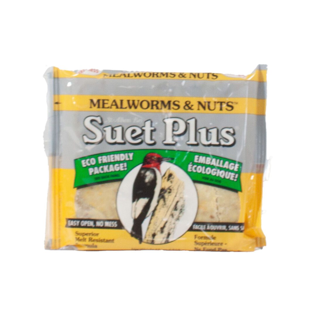 Suet Plus bird feed packaging with woodpecker.