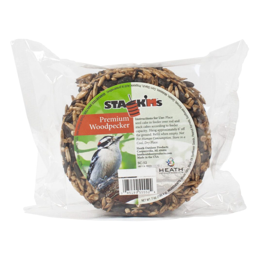 Woodpecker seed cake in clear packaging.
