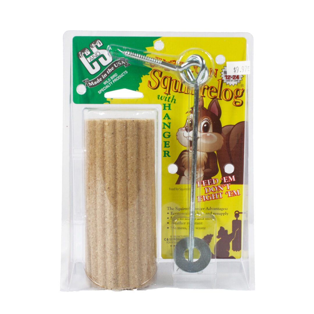 Squirrel log feeder with hanger packaging.