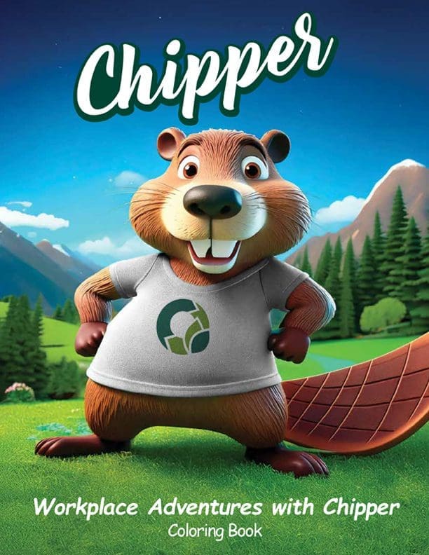 Beaver character Chipper in mountain setting.