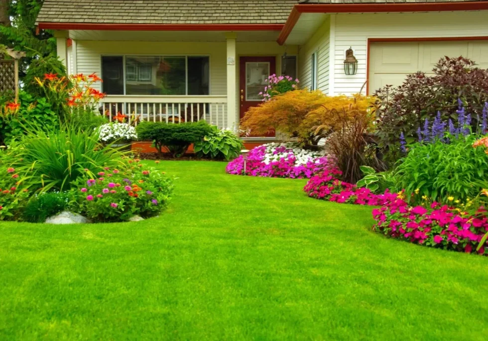House front yard with colorful flower beds